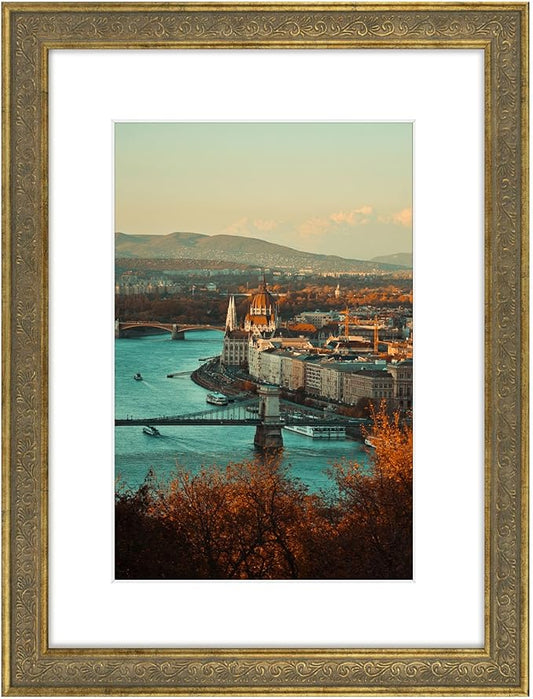 Golden State Art, 12x16 Ornate Finish Photo Frame with White Mat for 8x12 Picture & Real Glass. Color: Distressed Gold