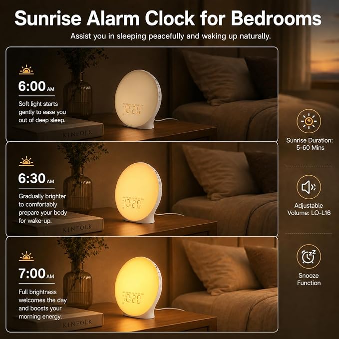 JALL Sunrise Alarm Clock White Noise Machine with 25 Nature Sleep Sounds, Fully Dimmable Clock for Bedrooms, Heavy Sleepers, 17 Light Modes, Bluetooth Speaker - Image 4