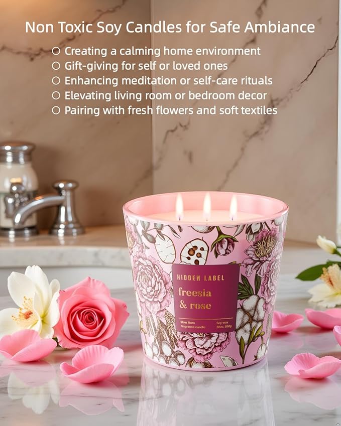 Giant Candle Freesia Rose Scented, 30oz Natural Non Toxic Soy Candles, 3 Wicks Aromatherapy Candles for Home Scented, Up to 100Hours Clean Burn,Long Lasting, Extra Large Jar Candles for Women