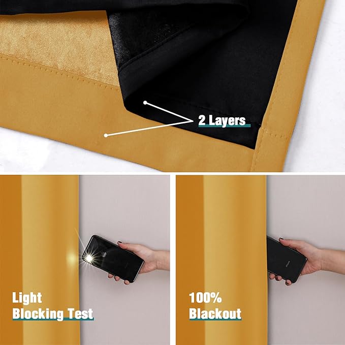 ChrisDowa 100% Blackout Curtains for Bedroom with Black Liner, 2 Thick Layers Total Blackout Thermal Insulated Grommet Window Curtains 2 Panels Set (Mustard Yellow, 52 x 54 Inch)