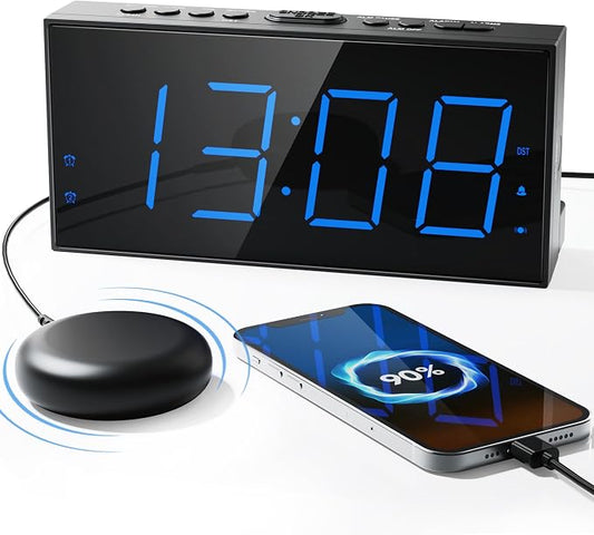 Alarm Clock with Bed Shaker, Vibrating Alarm Clock for Heavy Sleepers | Dual Alarms, 7.5’’ LED Display, Dimmer, USB Charging Port, Memory Function, Plug in Vibrator Clock for Hard of Hearing/Deaf by Roxicosly