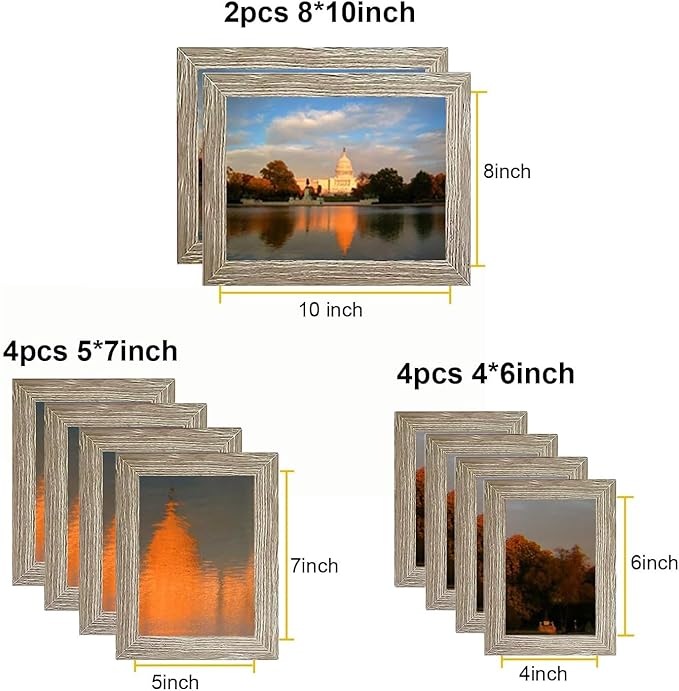 Picture Frame Set 10 pack, Farmhouse Photo Frames, Gallery Wall Frame Collage, 8x10 5x7 4x6 Frames in 3 Different Finishes Picture Frames For Wall or Desk,Gray
