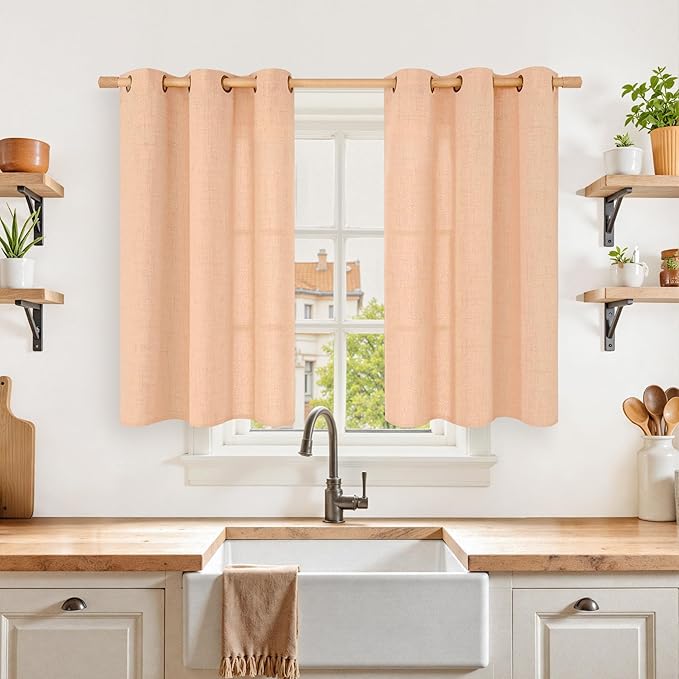 YoungsTex Peach Linen Curtains 40 Inches Long, Short Drapes with Bronze Grommet Privacy Light Filtering for Living Room Bathroom Kitchen Winodw, 42 x 40 Inch, 2 Panels