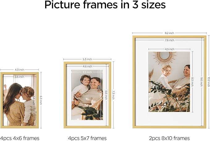 eletecpro Aluminum Gallery Wall Frame Set of 10, Including 2Pcs 8x10, 4Pcs 5x7, 4Pcs 4x6 Photo Frames for Wall or Tabletop Display, Multiple Sizes Picture Frames Collage Wall Decor, Gold