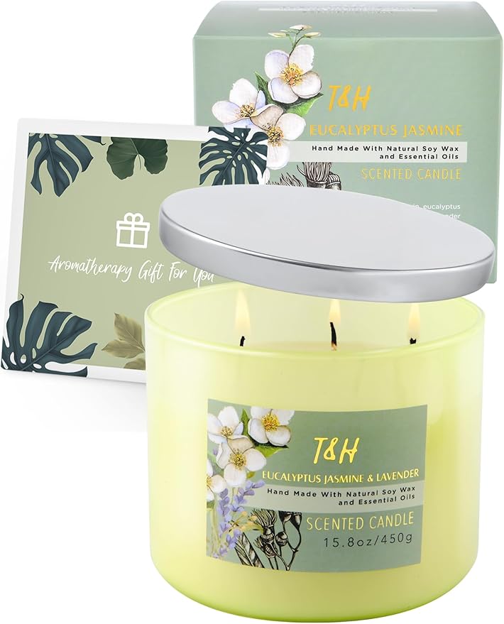 Eucalyptus Jasmine Lavender Scented Candle | 3 Wick Large Soy Candles for Home 15.8oz | Calming Spa Aromatherapy Candle | Strong Scent Long Lasting Clean Burn | Stress Relief Gift for Women & Men