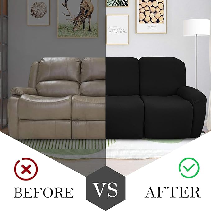 JIVINER 8-Piece Recliner Sofa Covers Stretch Jacquard Couch Covers for Reclining Slipcovers for Living Room 3 Cushion Soft Recliner Protector with Pocket (Sofa Recliner, Black)