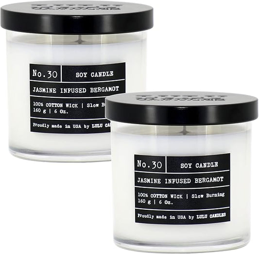 Lulu Candles | Jasmine Infused Bergamot | Luxury Scented Soy Jar Candle | Hand Poured in The USA | Highly Scented & Long Lasting- 6 Oz. 2 Pack