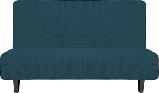 Easy-Going Stretch Futon Slipcover Armless Futon Bed Cover Furniture Protector Without Armrests with Elastic Bottom for Kids, Soft Jacquard Fabric Small Checks (Medium, Deep Teal)