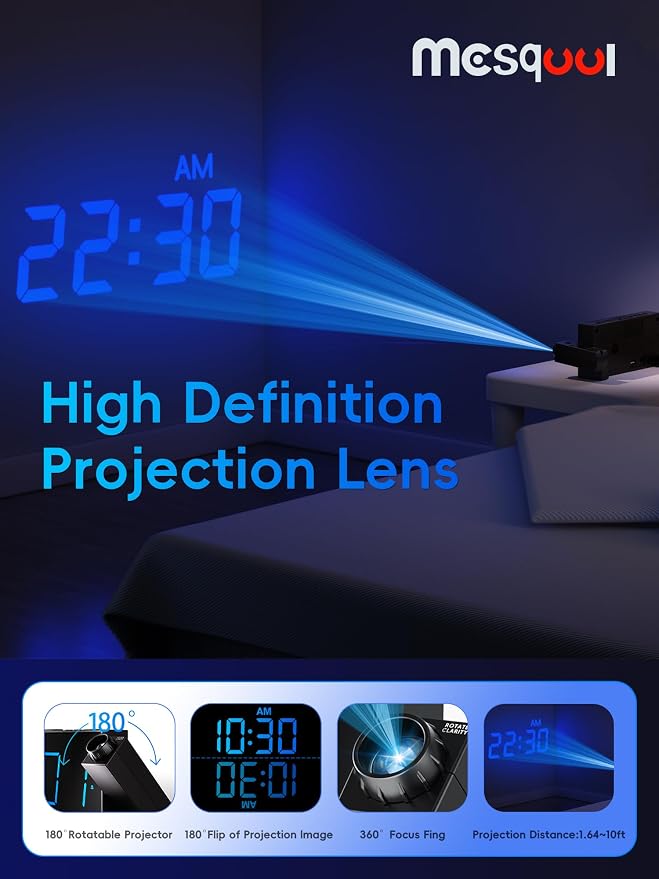 Mesqool Projection Alarm Clock with Loud Bed Shaker, Dual Alarms | 5-level Dimmer, USB charger, Snooze & DST, Loud Vibrating Alarm with Battery Backup, Perfect for Heavy Sleepers - Image 3