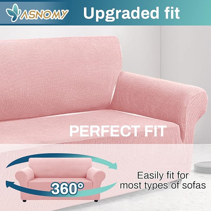 Asnomy Sofa Covers for 2 Cushion Couch Stretch loveseat Covers Slipcovers, Pet Protector Furniture Covers for Dogs Cats Spandex Jacquard Fabric Small Checks （Medium，Pink）