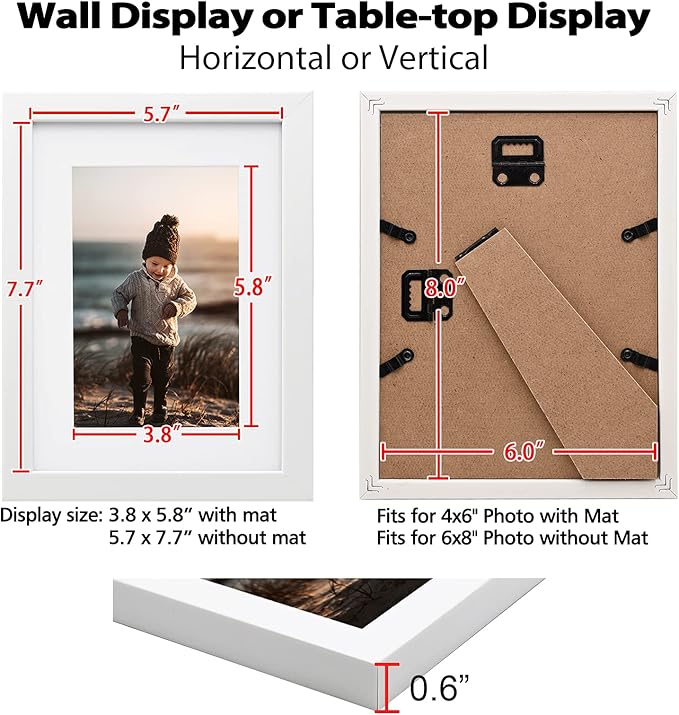 KINLINK 6x8 Picture Frame White Set of 6, Wooden Photo Frames Matted 4x6 with Plexiglass for 4x6 with Mat or 6x8 without Mat for Table and Wall Display