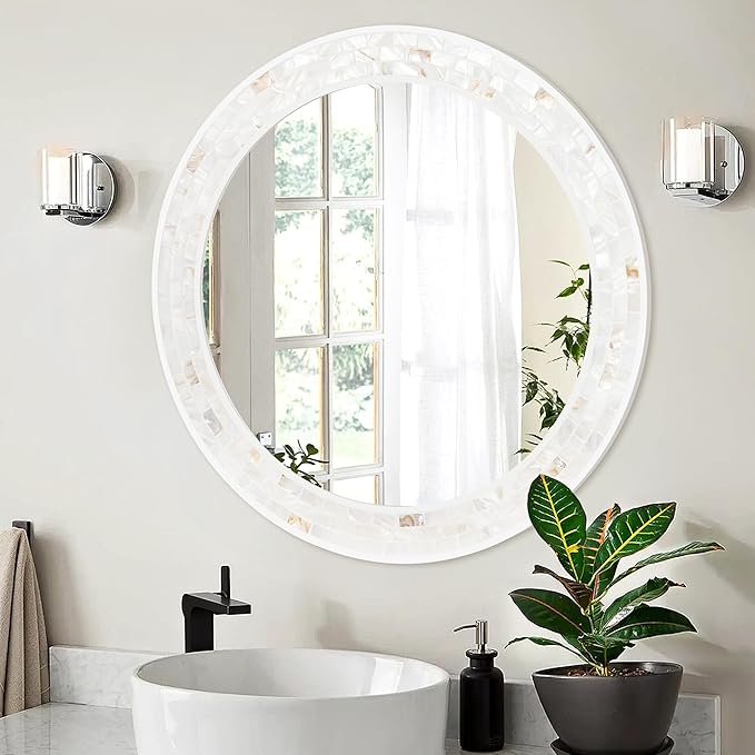 Tanmicoshomy Round Wall Mirror 24 Inch,Circle Mosaic Mirror with Natural Mother of Pearl and Wood Frame, Decorative Coastal Round Wall Mirror for Bathroom Bedroom Living Room Entryway