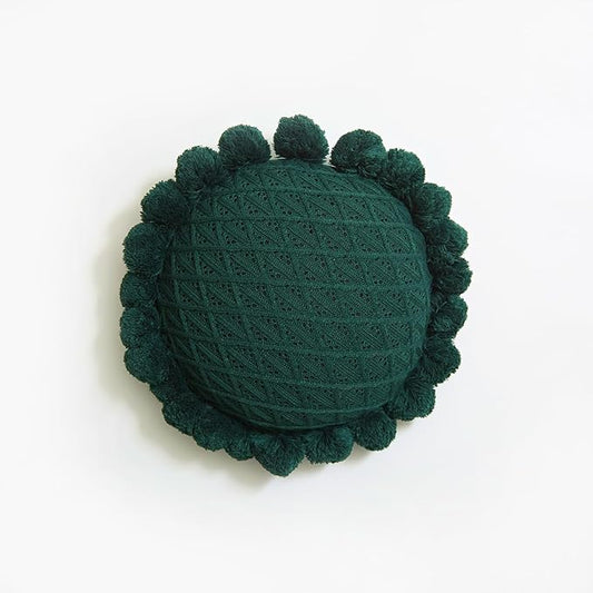 Acrylic Knitted Round Throw Pillow Knitting Bohemian Circular Cushion Pillow with Knit Handmade Pompoms Decorative Dark Green, Diameter 18inches