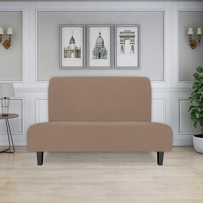 Easy-Going Stretch Futon Slipcover Armless Futon Bed Cover Furniture Protector Without Armrests with Elastic Bottom for Kids, Soft Jacquard Fabric Small Checks (Medium, Camel)