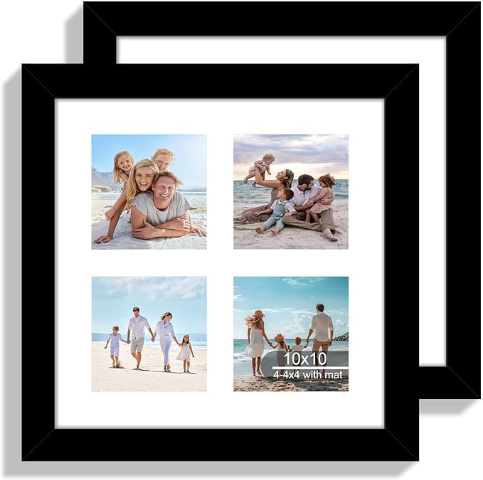 10x10 Picture Frame Set of 2, Real Glass and Black Collage Frame, Display Pictures Four Opening 4x4 With Mat or 10 x 10 Without Mat for Wall Hanging or Tabletop