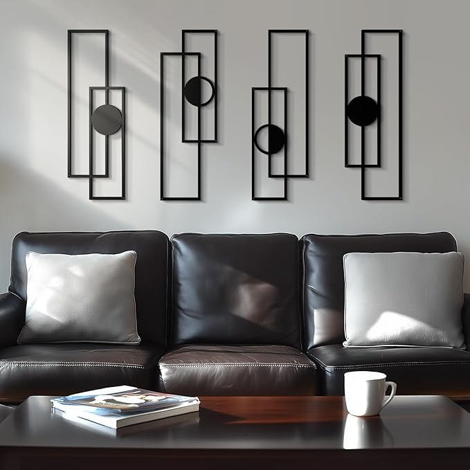 Abstract Black Metal Wall Art for Living Room, 4 Pack Large Wall Sculptures Minimalist Modern 3D Textured Geometric Metal Wall Decor for Bedroom Bathroom Kitchen Study