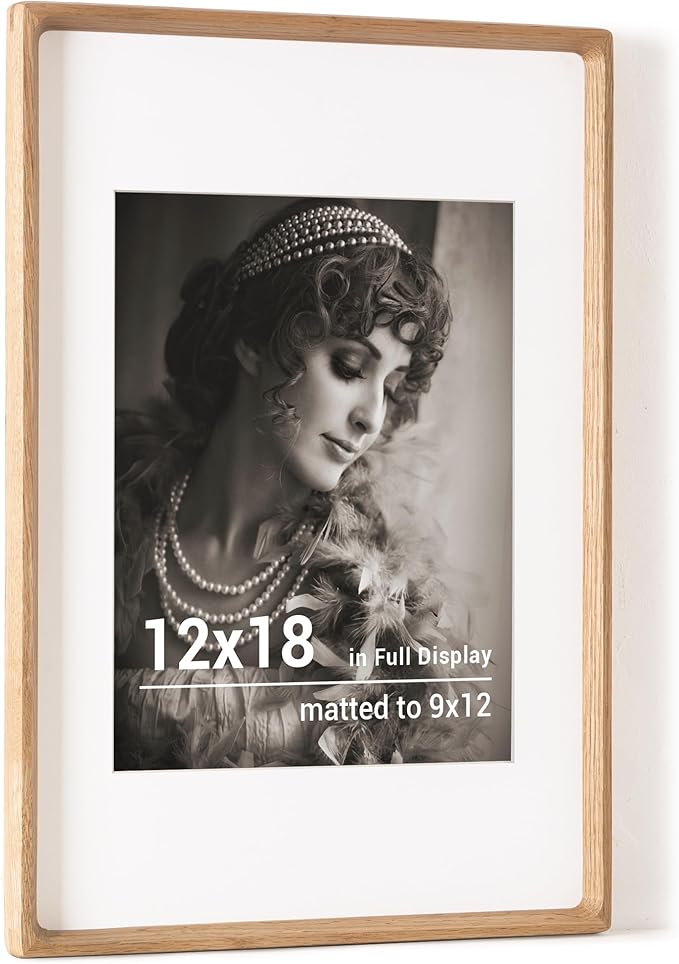 Fun Memories 12x18 Poster Frame, USA-Sourced Oak Wood Picture Frame with HD Tempered Glass, Handcrafted Rounded Corner 12 x 18 Wooden Frames Matted to 9x12 Photos, Horizontal or Vertical Wall Display
