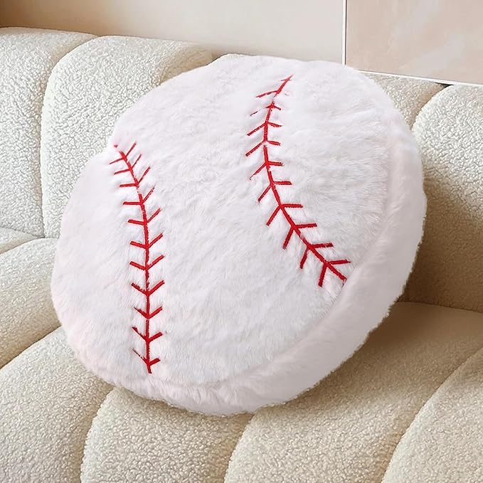 Plush Baseball Pillow 2 Pack, Soft Fluffy Round Baseball Shaped Throw Pillows for Kids Room, Sofa & Bed Decor, Seat Cushion Alternative for Gaming & Sports Room 15.7 Inch