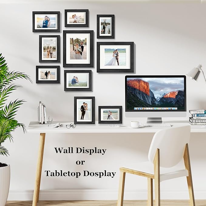 Picture Frames, Made of Real Glass and Wooden Frame, Gallery Photo Frames Set of 10 for Collage Wall Decor, Multi Sizes Including 8x10, 5x7, 4x6 for Mounting or Tabletop Display, Black