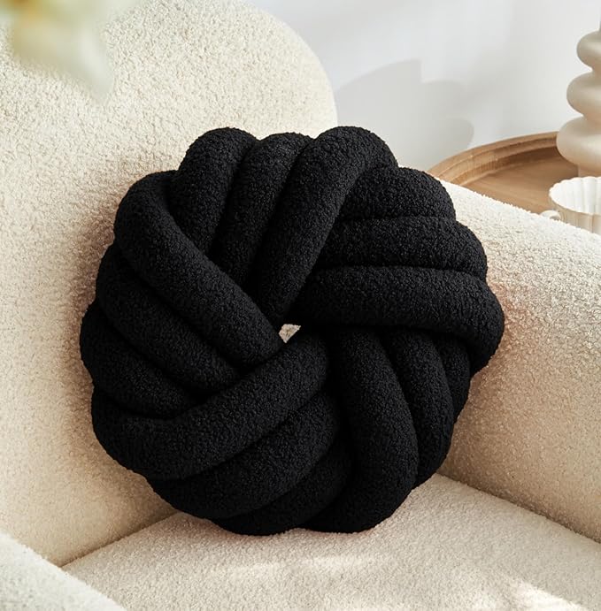 Black Knot Pillow 13.7'' Round Throw Pillow Soft Plush Knot Ball Pillow Handmade Decorative Pillow for Couch Modern Home Decorative Knotted Pillow Cushion Pillows for Bed Bedroom, Sofa
