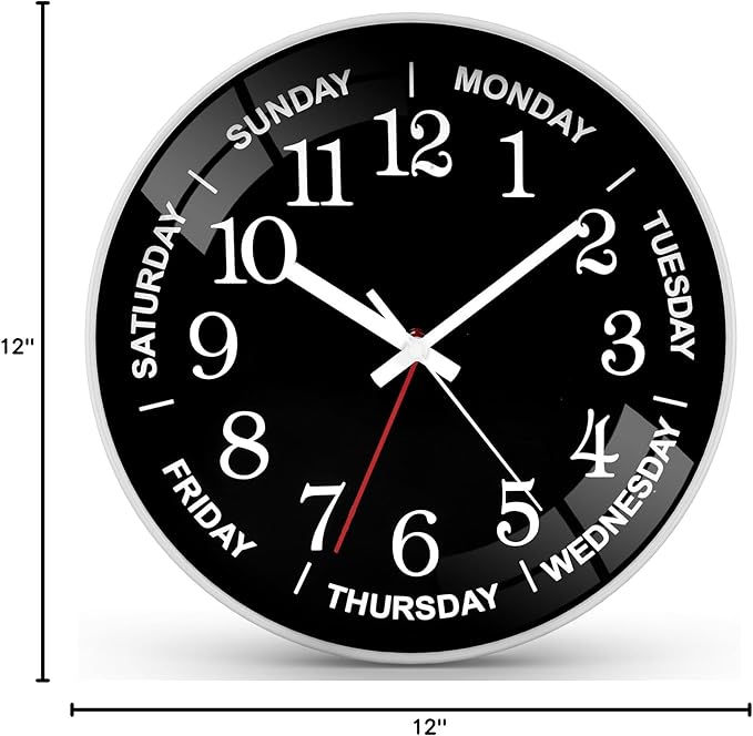 12 Inch Day of Week Wall Clock, Non Ticking Modern Clocks Battery Operated，Analog Day Clock for Seniors Eldly，Classic for Office Home Classroom Bedroom School,Unique Gift Clock