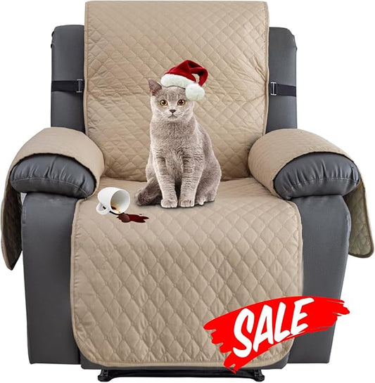 XINEAGE Water Resistant Recliner Cover, Nonslip Recliner Chair Covers for Reclining Chair with Pockets, Quilted Thick Recliner Slipcovers for Pets and Kids (Recliner Chair, Khaki)