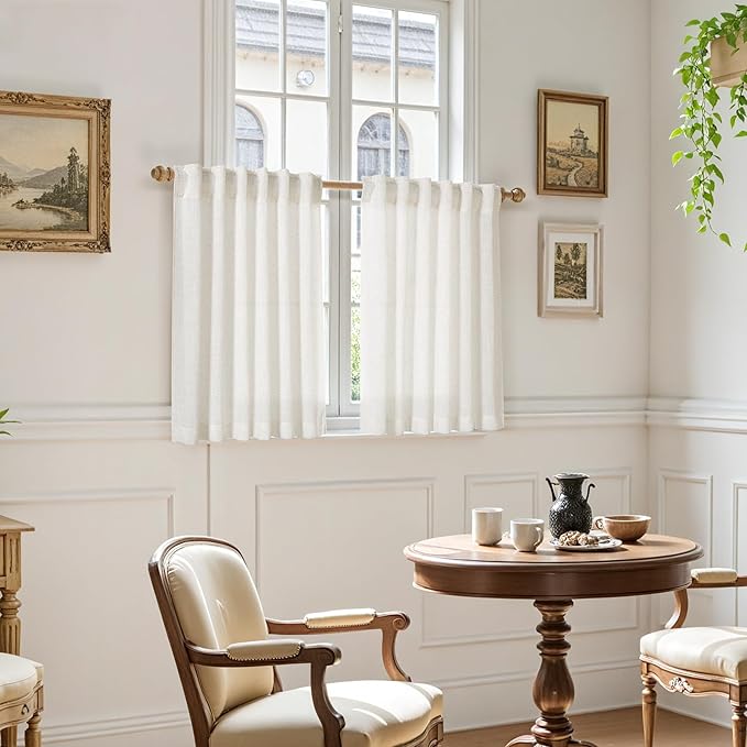 Nanspring 45 Inch Short Window Linen Curtains,for Kitchen Windows Over Sink Semi Sheer Curtain Back Tab and Rod Pocket Neutral Drapes for Cafe/Bathroom/Loft Room Cream 29 x 45,2 Panels