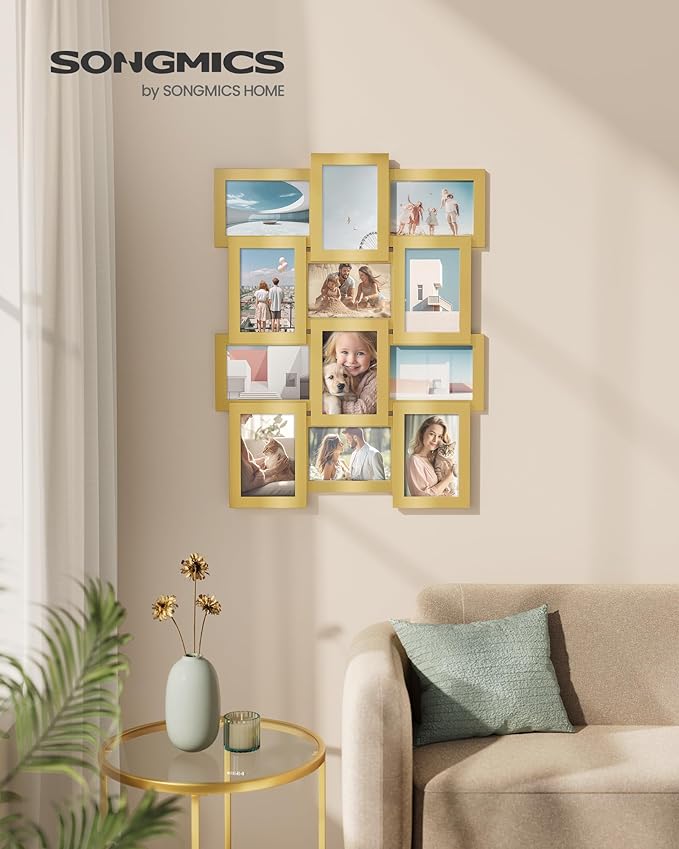 SONGMICS Collage Picture Frames, 4x6 for Wall Decor, Multi Family Photo for Gallery Decor, Hanging Display, Set of 12, Pale Gold URPF026A01