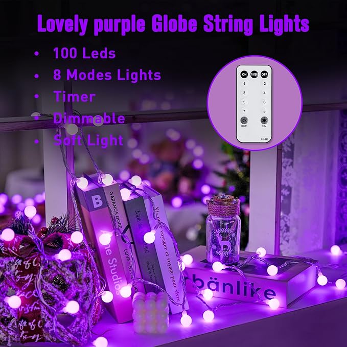 JMEXSUSS Purple Christmas Lights Indoor, Connectable 100 LED Globe String Lights Plug in with Remote, 33 ft 8 Modes Purple String Lights Outdoor for Bedroom Room Party Christmas Decor