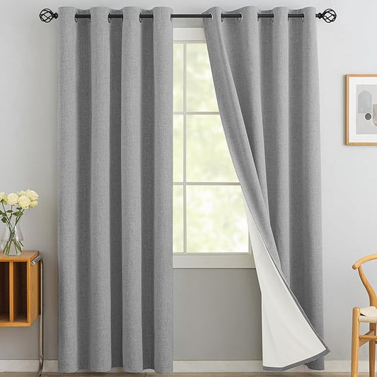 Yakamok Dove Grey Linen Curtains 100% Blackout 96 Inches Long,Room Darkening Textured Curtains for Living Room Thermal Grommet Bedroom Drapes 2 Panels with Greyish White Liner