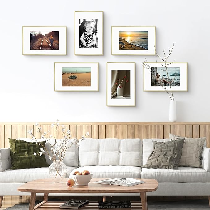 Golden State Art 11x17 Picture Frame 6 Pack - Soft Gold Aluminum Photo Frames With 8x12 Mats and Real Glass Cover - Elegant Minimalist Wall Gallery Frames for Home or Office Decor