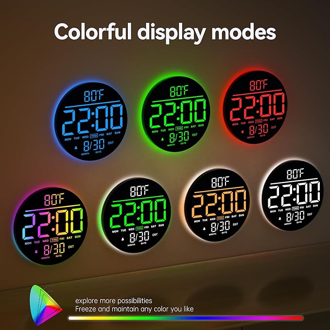 JALL 10" Large Digital Wall Clock with Seconds, Alarm Countdown Timer, Big LED Display, RGB Color, DST, Temperature, Mounted for Bedroom Living Room Office Classroom Gym, Xmas Birthday Gift, Blue