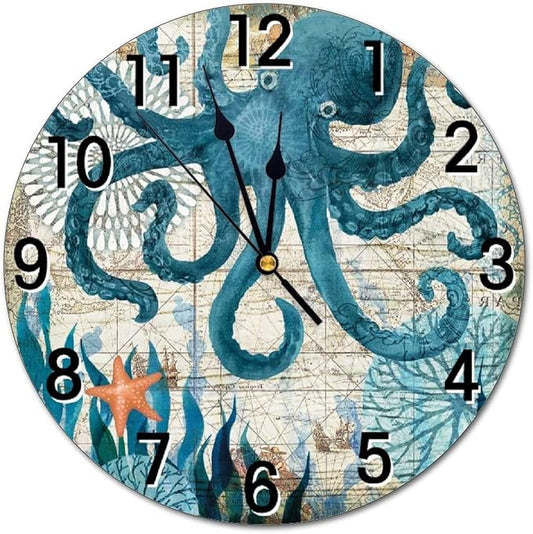 Blue Octopus Nautical Map Wall Clock Battery Operated Silent Non Ticking Round Clock Art Wall Decor for Home, Office, School 9.8 Inch