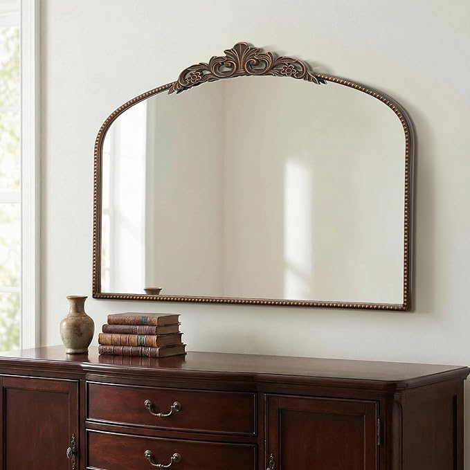Micasso Bronze Vintage Arched Mirror: 29x36 in French Baroque Antique Wall Mounted Mirror - Traditional Ornate Decorative Mirror for Mantle/Fireplace/Living Room/Bedroom/Entryway/Hallway/Wall Decor