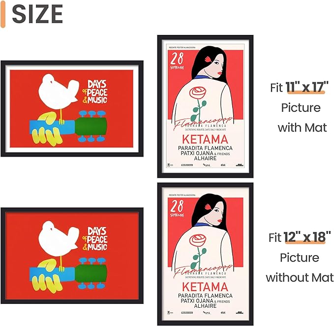 upsimples 12x18 Picture Frame, Display Pictures 11x17 with Mat or 12 x 18 Without, Wall Hanging Poster Frames, Black, 1 Pack