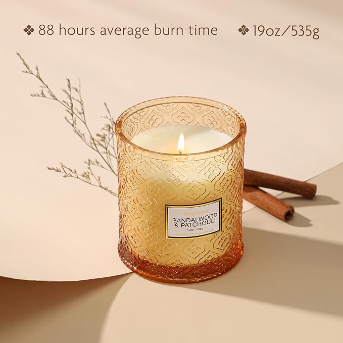 Sandalwood & Patchouli Scented Candles, 19oz Luxury Gifts for Women, Christmas Winter Decorative Glass Candles, Natural Soy Wax for Home Fragrance