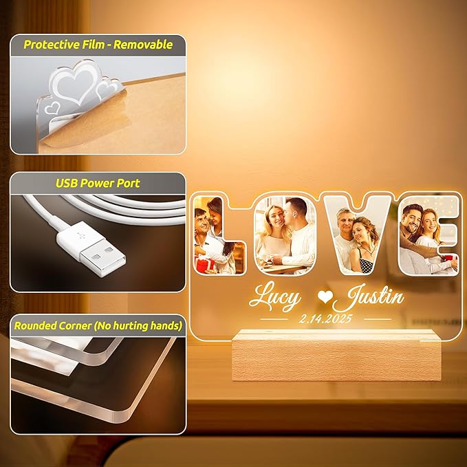 Custom Picture Frames with Photo, Personalized Photo Frame with Night Light, Customized Picture Frame, Personalized Anniversary Couple Gifts for Women Men Her Him Girlfriend Boyfriend