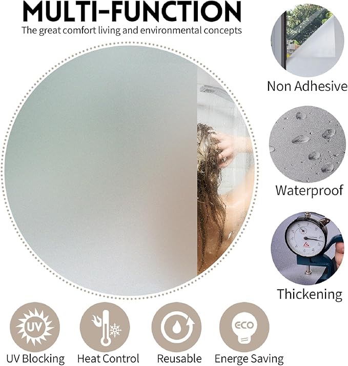 KESPEN Window Privacy Film Frosted Glass Heat Control UV Blocking Privacy Window Film for Glass Windows Static Cling Non-Adhesive Door Coverings Decals for Bathroom Home Office, 35.4 Inch X 8.2 Feet