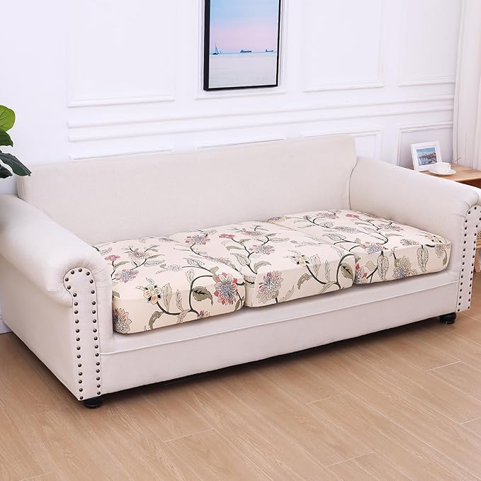 hyha Printed Couch Cushion Covers, Floral Sofa Covers Washable for 3 Cushion Couch, Stretch Pattern Outdoor Cushion Covers for Patio Furniture with Elastic Bottom(3 Packs, Tropical Flowers)