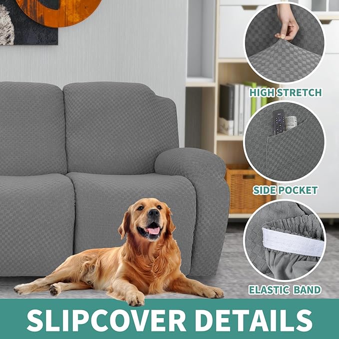 YEMYHOM 8 Pieces Stretch Recliner Sofa Cover Latest Jacquard Reclining Couch Cover with Side Pocket Anti-Slip Fitted 3 Cushion Furniture Slipcovers with Elastic Bottom (Sofa Recliner, Light Gray)