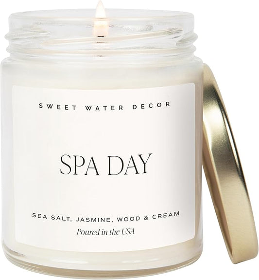 Sweet Water Decor Spa Day Soy Candle - Sea Salt, Jasmine, Wood and Cream Scented Spring Candles for Home - 9oz Clear Jar + Gold Lid, 40+ Hour Burn Time, Made in The USA