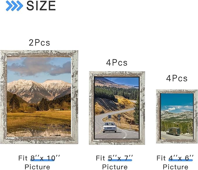 Picture Frames Collage Wall Decor, 10 PCS Picture Frames Including 8x10, 5x7, 4x6, Gallery Wall Frame Set for Wall Mounting or Tabletop Display, Family Photo Frames, Rustic White