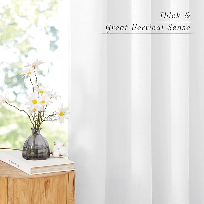 NICETOWN Linen Curtains 96 inches Long for Living Room, Grommet Semi Sheer Drapes Linen Weave Window Treatments Privacy Added with Light Filtering for Bedroom, White, W34 x L96, 2 Panels