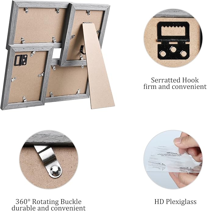 Egofine 4x6 Picture Frame Collage, Family Picture Frame for 4x6 pictures Covered by Plexiglass for Wall Hanging and Tabletop, 4-opening Dimensional Picture Frame for Home Deor, Oak Grey