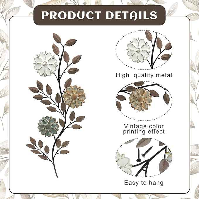 MorningRo 2 Pcs Metal Flower Leaves Wall Art Spring Wall Decor Living Room, 15.75 Inch Vintage Rustic Branch Leaf Wrought Iron Scroll Art Decor for Spring Bedroom Indoor Outdoor Decorations(Brown)