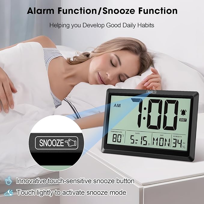 10.4'' Digital Wall Clock Battery Operated with Date/Temp/Week, Touch Snooze Function, Alarm, Temperature & Humidity - Easy to Read and Set, Auto DST