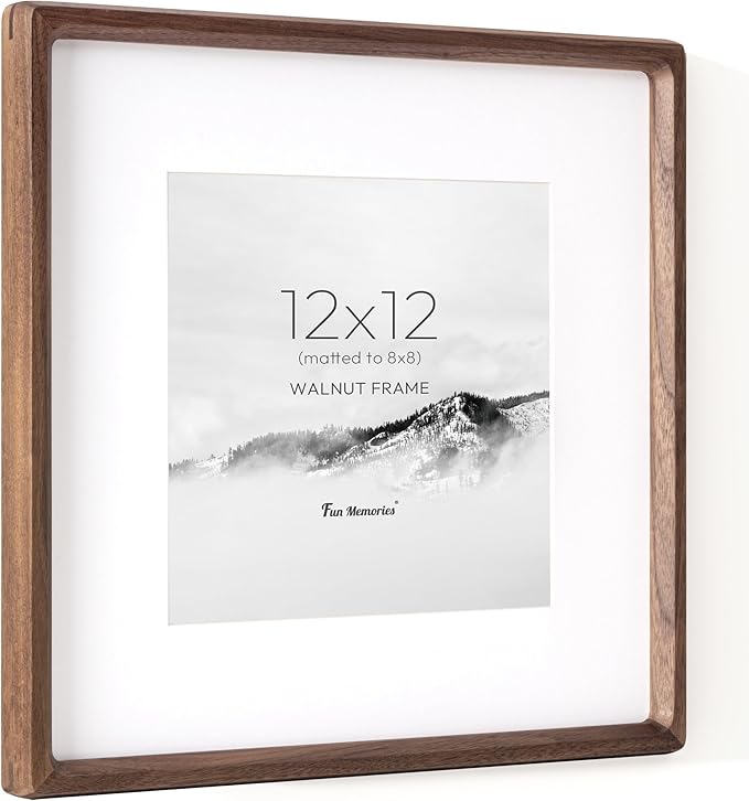 12x12 Frame, USA-Sourced Walnut Wood Photo Frames with HD Tempered Glass, Handcrafted Rounded Corner Square Wooden Frames Matted to 8x8 Photos, 12x12 Picture Frame, Tabletop or Wall Display