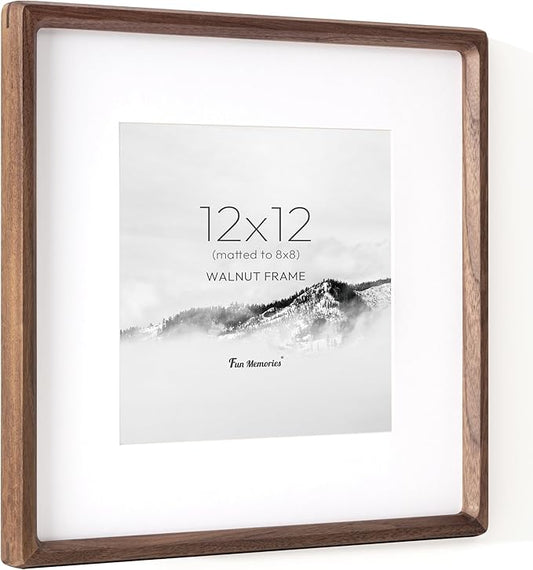 12x12 Frame, USA-Sourced Walnut Wood Photo Frames with HD Tempered Glass, Handcrafted Rounded Corner Square Wooden Frames Matted to 8x8 Photos, 12x12 Picture Frame, Tabletop or Wall Display