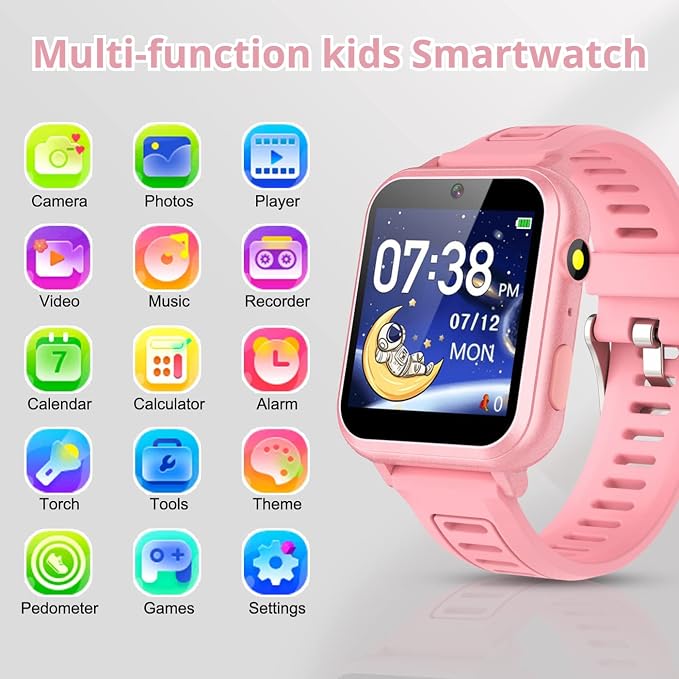 Tixpc Kids Smart Watches Girls with Camera Music Player Pedometer Alarm Clock 39 Games Calculator Flashlight 12/24 hr Toys for Ages 4-12 Years Old.Birthday Gift for Girls - Image 2