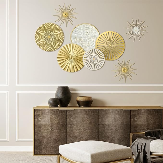 Lingvee 8 Pcs Gold Wall Decor Modern Metal Decor Metal Starbursts Radial Plate Art Hanging Decorative Wall Decorations for Home Bedroom Bathroom Living Room Office Sculpture (Gold, White)